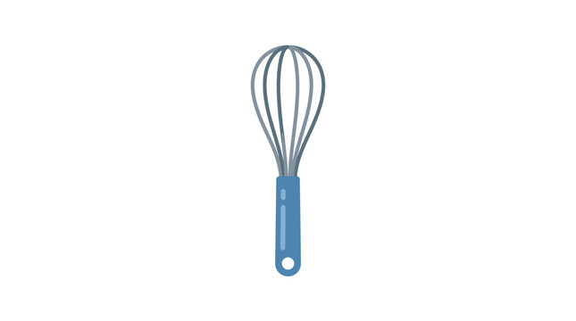 Blue handled metal kitchen whisk tool.