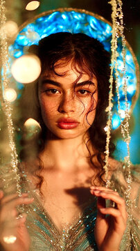 Ethereal Goddess woman stands underwater with pearl garlands  in underwater fantasy setting with bokeh lighting and light leaks