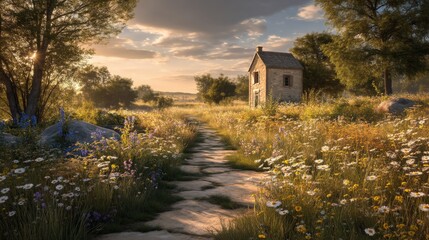 Obraz premium Serene Country Pathway Leading to a Quaint Cottage Surrounded by Vibrant Wildflowers Under a Beautiful Evening Sky