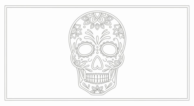 Intricate Sugar Skull Line Art for Day of the Dead Coloring Page or Design Element