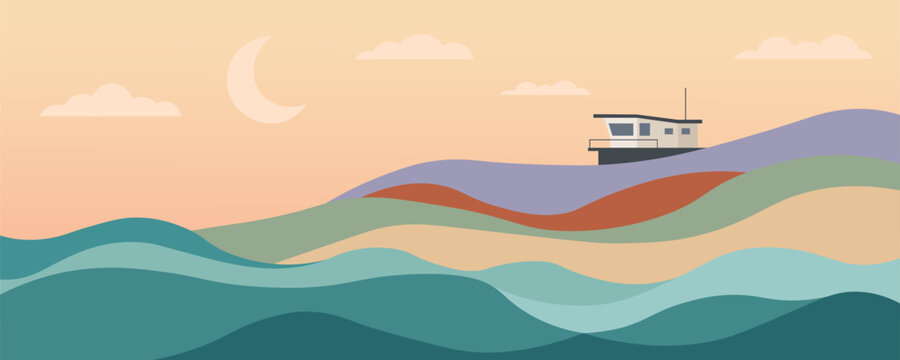 Minimalist landscape vector with abstract colorful wavy hills, sea, modern small house, clouds and crescent moon at sunset.