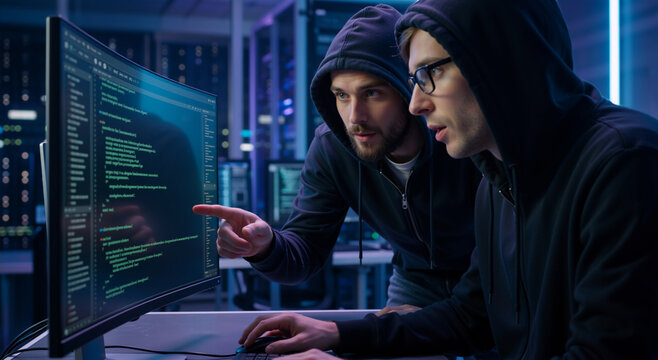 Two hackers in hoodies analyzing code on a computer screen in a dark server room. Cybersecurity programmers working on software development