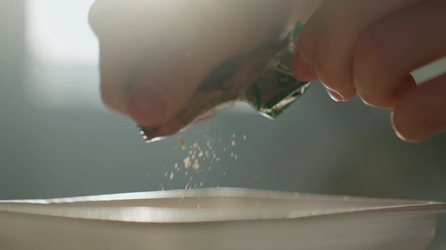Closeup hands sprinkling powder into bowl, soft backlight window glow, delicate granules falling from torn foil packet, slow motion cinematic mood, tranquil kitchen preparation and texture detail