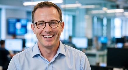 Obraz premium Smiling man with glasses in modern office. Portrait of professional male employee