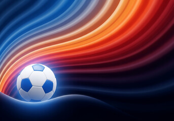Naklejka premium Classic Soccer Ball Resting Before Dynamic Colorful Wavy Light Streaks Representing Energy And Athletic Competition Passion For Global Matches Playing On The Pitch During Intense Nighttime