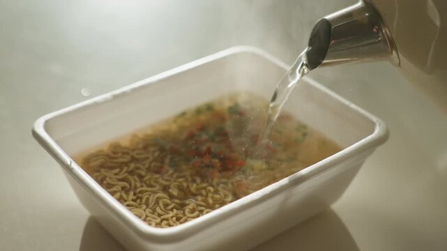 Steaming instant noodles in foam tray, kettle pouring hot water, wisps of steam rising over dried vegetables, closeup on textured noodles, warm backlight casting cozy glow, quick convenience meal