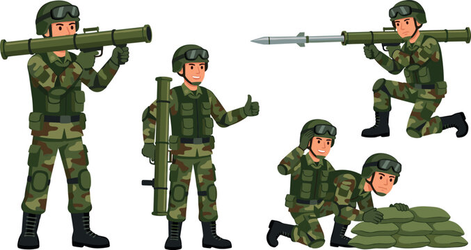 Military Soldier Character Set in Camouflage Uniform Holding Rocket Launcher Bazooka Aiming and Taking Cover Behind Sandbags Vector Illustration