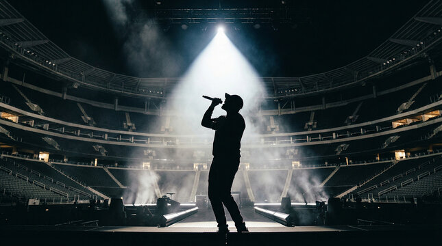 Silhouette of a passionate singer performing on a stadium stage under bright spotlights, perfect for entertainment concepts