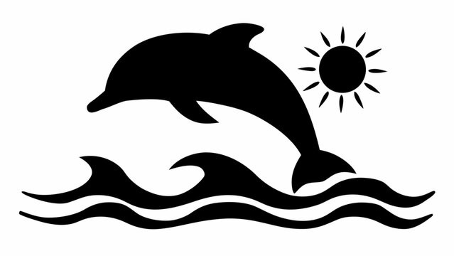 Silhouette of a dolphin leaping through ocean waves under bright sun in a minimalist black and white style for marine life and aquatic nature themes