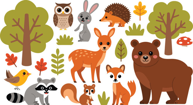 Cute woodland forest animal vector set featuring bear deer fox owl raccoon squirrel and rabbit for kids nursery decor stationery school education and children book illustrations.
