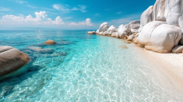 Serene Tropical Beach with Crystal Clear Water, Smooth White Rocks, Calm Waves, and Scenic Blue Sky Under Bright Sunlight in a Paradisiacal Setting