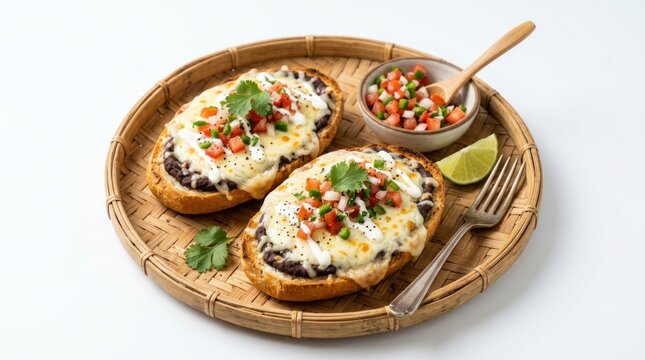 Molletes pico de gallo bamboo plate white background studio image