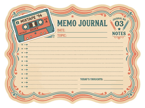 Retro memo journal card sticker with a mixtape design for notes and thoughts.