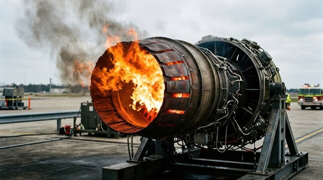 Jet engine combustion chamber fire with intense orange heat flames