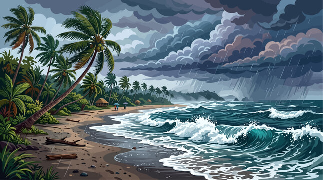 Tropical beach with palm trees during stormy monsoon waves crashing on shore dramatic cloudy sky