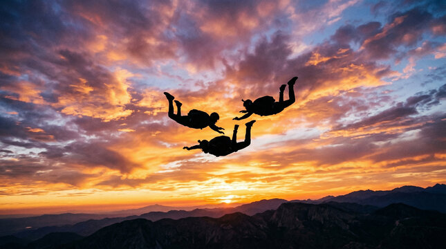 Silhouettes of skydivers freefalling through a beautiful vibrant sunset sky, perfect for extreme sports and adventure concepts