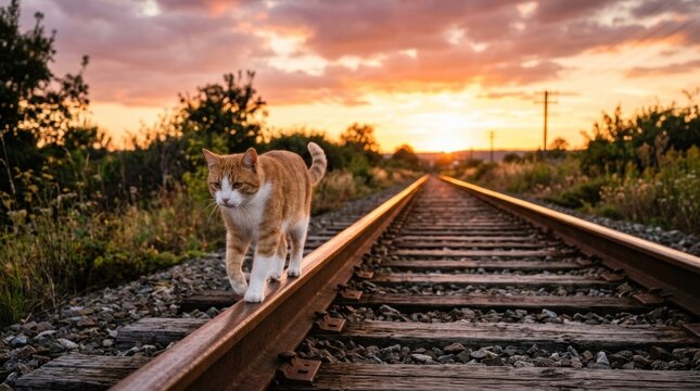 Ginger and white cat walks on railroad tracks at sunset