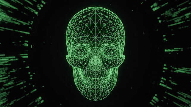 A Stunning 3d Rendering Of A Human Skull Constructed Entirely From Intricate, Glowing Neon Green Wireframe Polygons, Flo