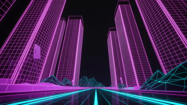An Incredibly Detailed Synthwave Cityscape Featuring Towering, Abstract Skyscrapers Rendered Entirely In Glowing Neon Pu