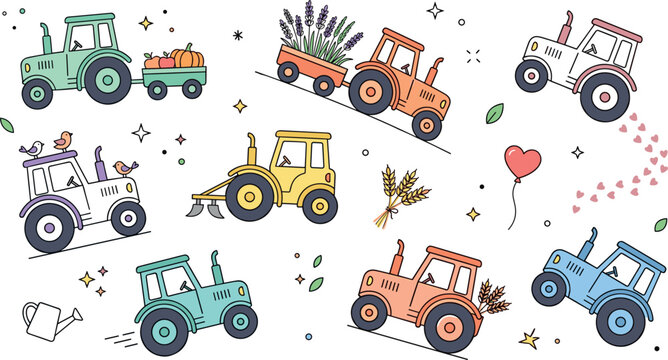 Cute Pastel Farm Tractor and Trailer Icon Set with Cartoon Vehicles Pulling Lavender Pumpkins and Wheat for Kids Agriculture Designs Vector