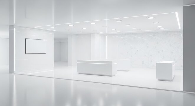 Modern minimalist all-white interior space with glass walls, recessed lighting, and contemporary white furniture, suitable for a showroom or gallery.