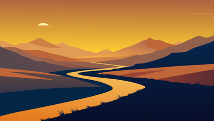 Golden Countryside Valley Sunset Vector © Chamok Chandra