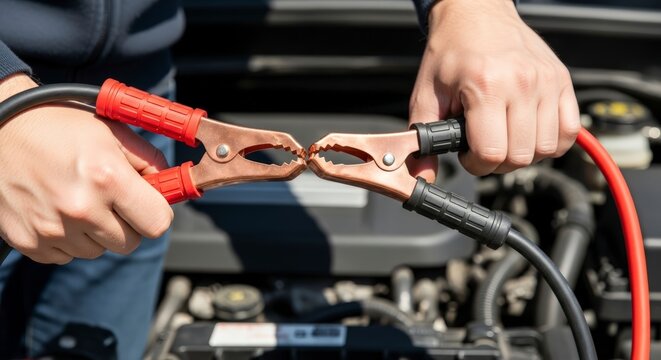 Hands holding jumper cables to jump start a car battery.