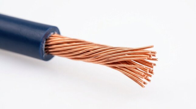Close up exposed copper wiring strands electrical conductivity white background