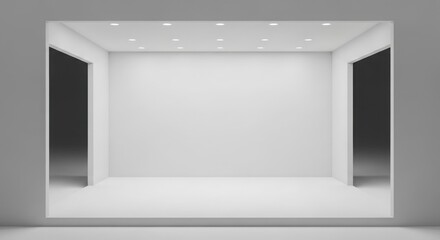 Fototapeta premium Empty white minimalist room with recessed lighting and two dark doorways.