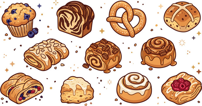 Sweet Bakery and Pastry Icon Set with Blueberry Muffin Cinnamon Roll Pretzel Babka Scone Danish and Strudel Desserts Vector Illustration