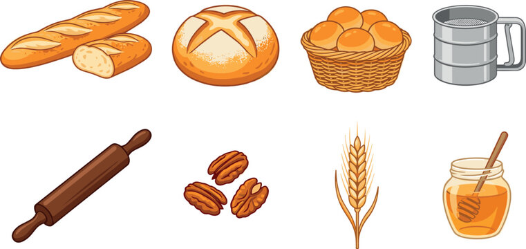Fresh Bakery and Bread Baking Ingredient Icon Set with French Baguette Sourdough Loaf Rolls Flour Sifter Rolling Pin Pecans Wheat and Honey Vector