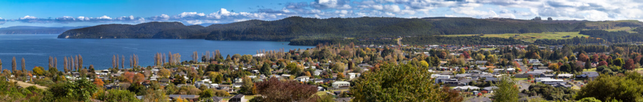 Kinloch, Lake Taupō, New Zealand. Panoramic view. Picturesque village, holiday destination, popular for golfing, mountain biking, trout fishing.