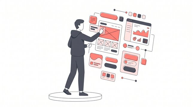 Flat vector illustration of a male developer interacting with floating website wireframes, UI/UX web design and development concept.