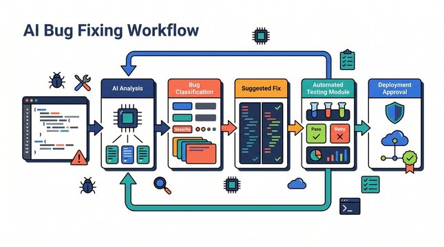 AI bug fixing workflow process diagram.