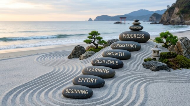 Stones with steps of progress arranged on sand zen beach