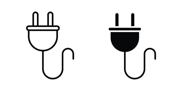 Power plug electric cord icon graphic element set in black linear and clipatrt.