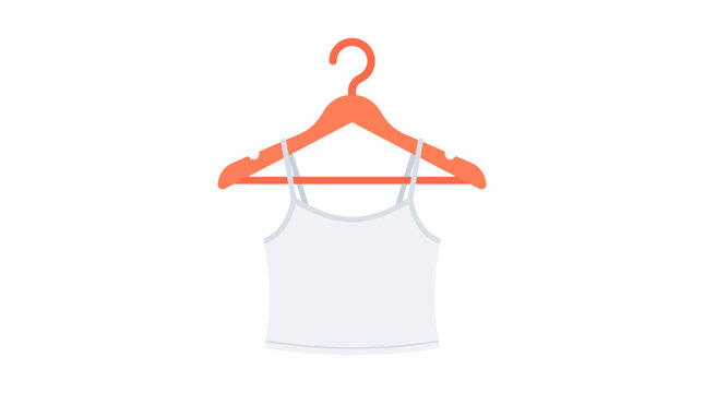 Simple white camisole top hanging on an orange clothes hanger, isolated on white background.