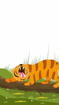 angry cartoon tiger roaring loudly on fallen tree trunk