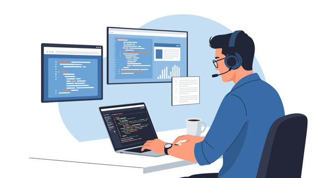 Left-handed web developer coding on computer screen illustration isolated on transparent background