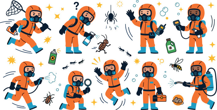 Cute Pest Control Exterminator Cartoon Character Set with Diverse Workers in Orange Hazmat Suits Catching Bugs Insects Spider Mouse and Sprayer Vector