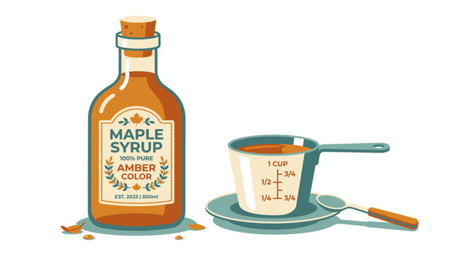 Amber Maple Syrup Bottle and Measuring Cup with Spoon on White Background
