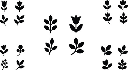 Nature botanical graphic element set isolated on white backdrop featuring clean minimal solid leaf designs decorative berries and blooming garden plants © Mehg