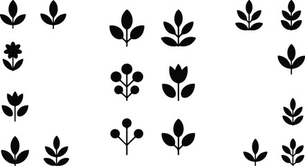 Nature botanical graphic element set isolated on white backdrop featuring clean minimal solid leaf designs decorative berries and blooming garden plants © Mehg