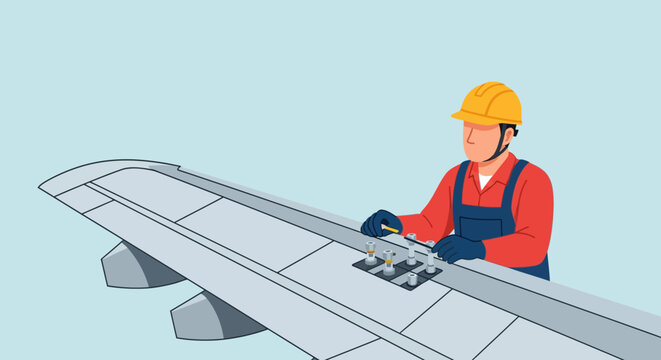 Aircraft Wing Maintenance Technician Inspecting Aerospace Component in Modern Aviation Facility