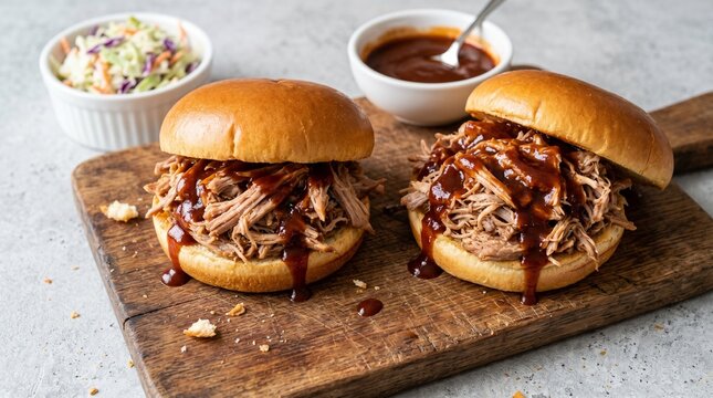 Pulled pork sandwiches with barbecue sauce on brioche buns, slow cooked shredded pork sliders on wooden board, rustic american bbq lunch with coleslaw isolated on White Background