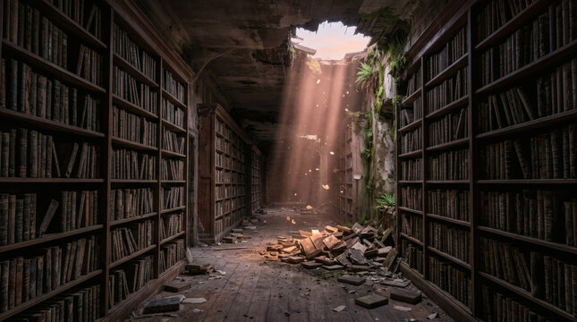 Abandoned Dusty Library Corridor Lit by Sunbeams Through Collapsed Roof
