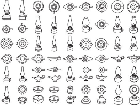 A collection of simple line art icons depicting various types of oil lamps and their parts, rendered in black and white.