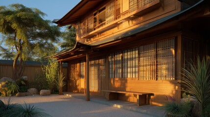 Naklejka premium Tranquil Japanese Teahouse Surrounded by Lush Greenery, Featuring Wooden Architecture and Traditional Design Elements in Peaceful Garden Setting