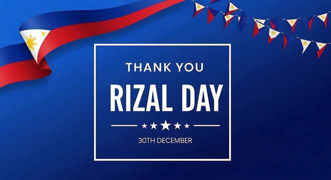Rizal day celebration banner with philippine flag elements and festive bunting on blue background