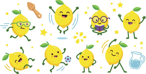 Fototapeta premium Cute Lemon Fruit Cartoon Character Mascot Sticker Set with Happy Faces Running Jumping Reading Playing Soccer and Doing Fitness Exercises Vector